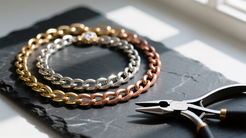 Macro shot of brass, silver-plated, and copper craft necklace chains laid out on a dark slate cutting mat next to jewelry pliers.
