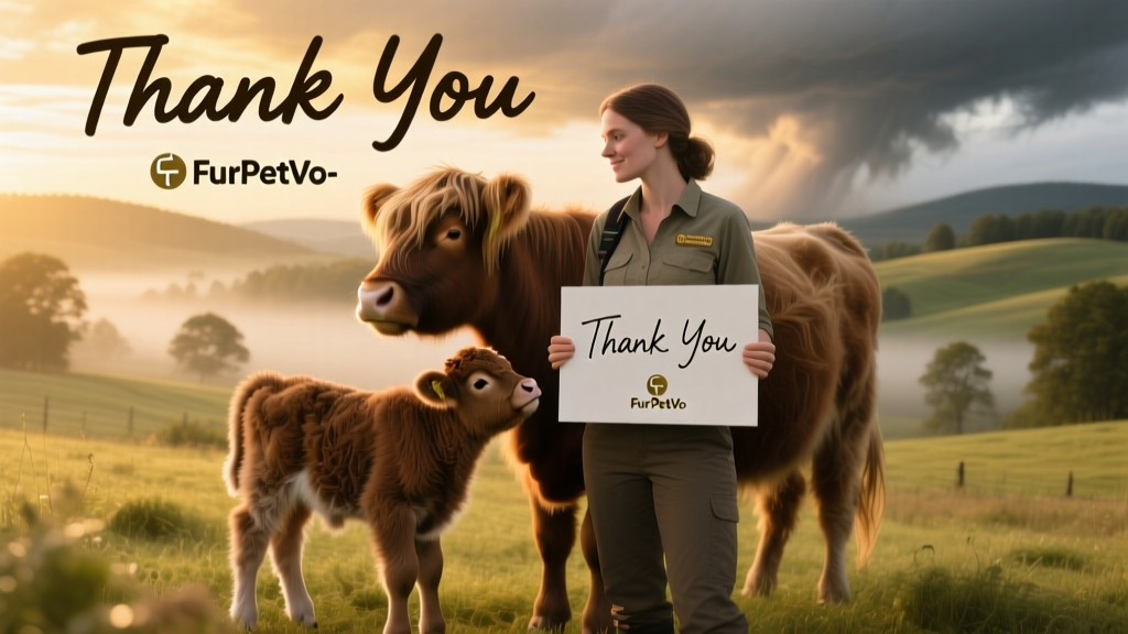 Emily standing beside the newborn Highland calf and its mother, holding a FurPetVo-branded donation sign with handwritten 'Thank You' message