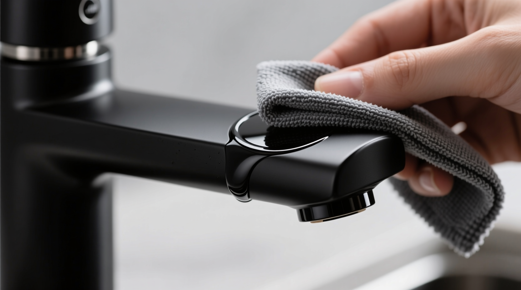 Close-up of a matte black kitchen faucet being cleaned with a folded microfiber cloth, showing subtle circular motion and no visible streaks or glare—emphasizing texture retention and uniform sheen
