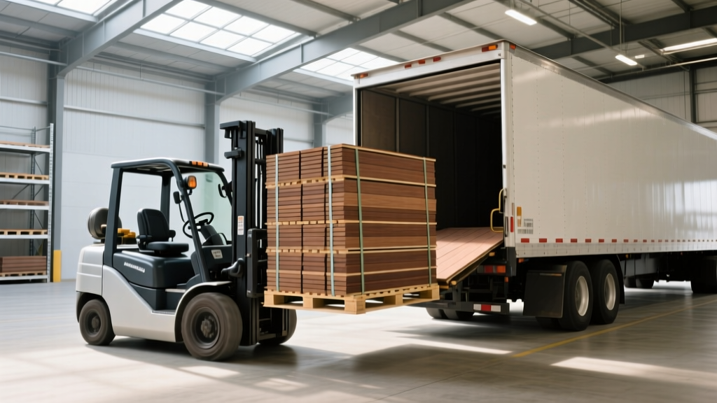 Forklift loading a pallet of composite decking onto an LTL freight truck inside a modern building materials distribution warehouse