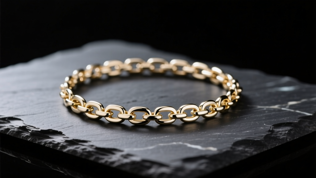 14k white gold choker necklace on dark slate, illuminated by soft directional lighting to highlight the polished metal links.