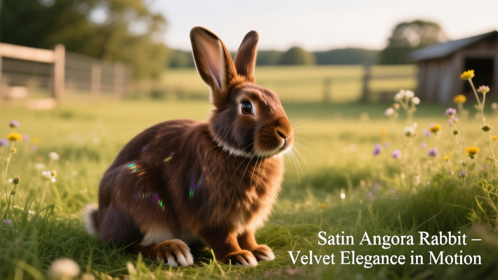 A glossy brown Satin Angora rabbit sitting in grass inside a spacious outdoor enclosure, showcasing its radiant, silky coat