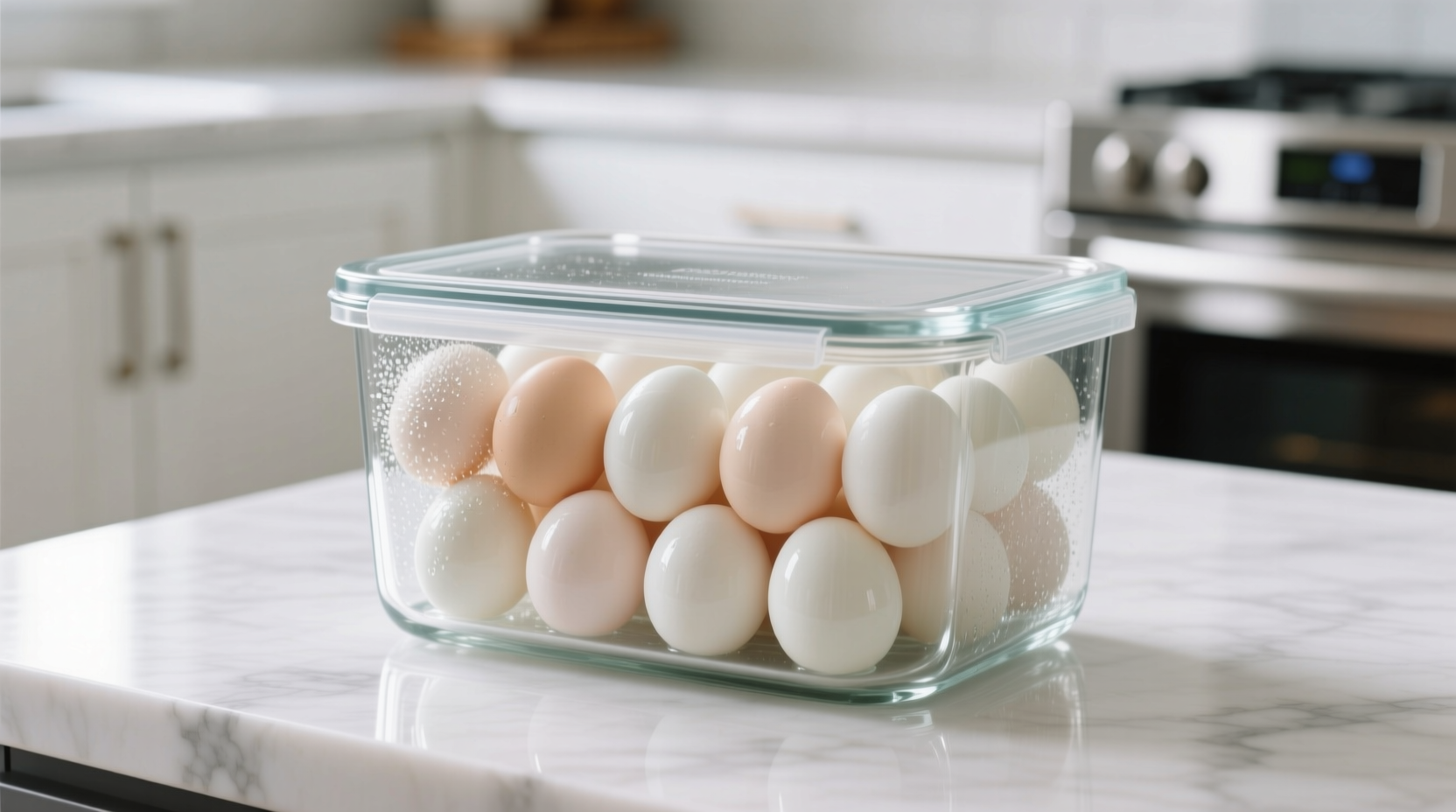 Properly stored cooked eggs in glass container