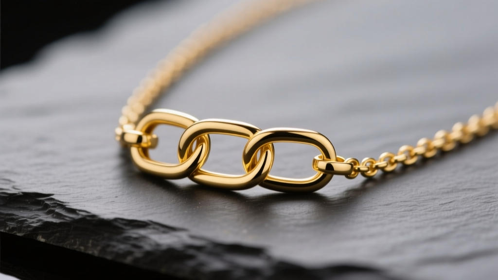 Macro photo of a solid 14k yellow gold paperclip necklace clasp and three links resting on dark slate under studio lighting setup.