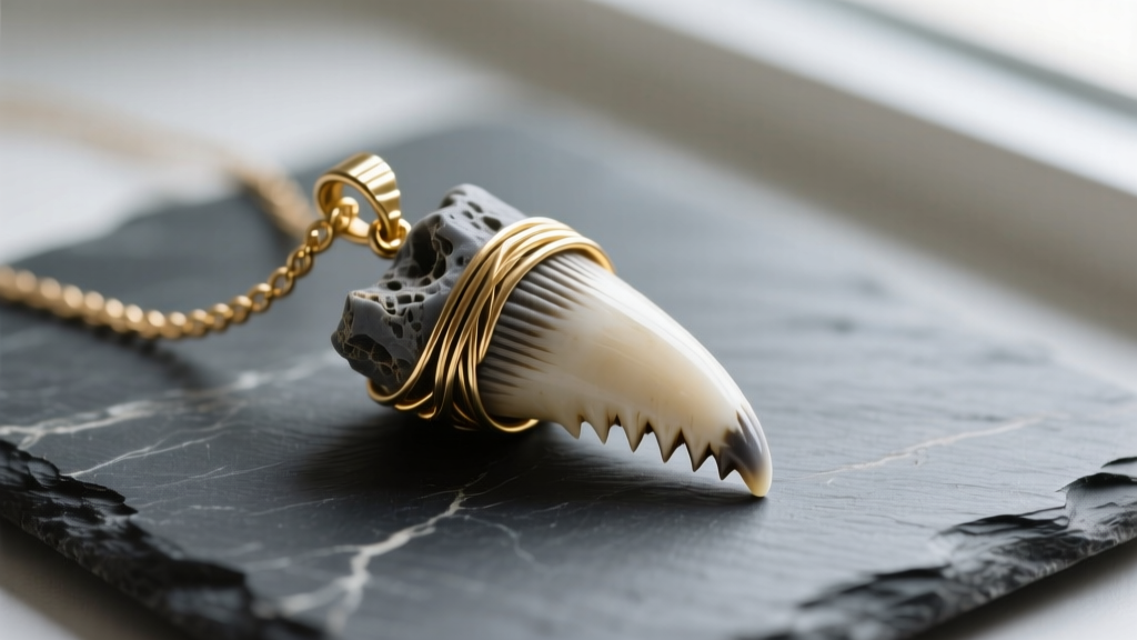 Close-up of a fossilized gray great white shark tooth pendant wrapped in 18-gauge gold wire, resting on dark slate