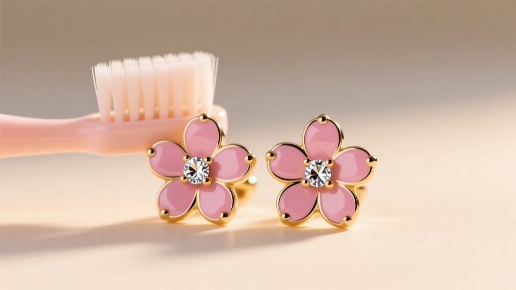 Soft baby toothbrush gently scrubbing a pink enamel and cubic zirconia floral stud earring under warm, diffused studio lighting.