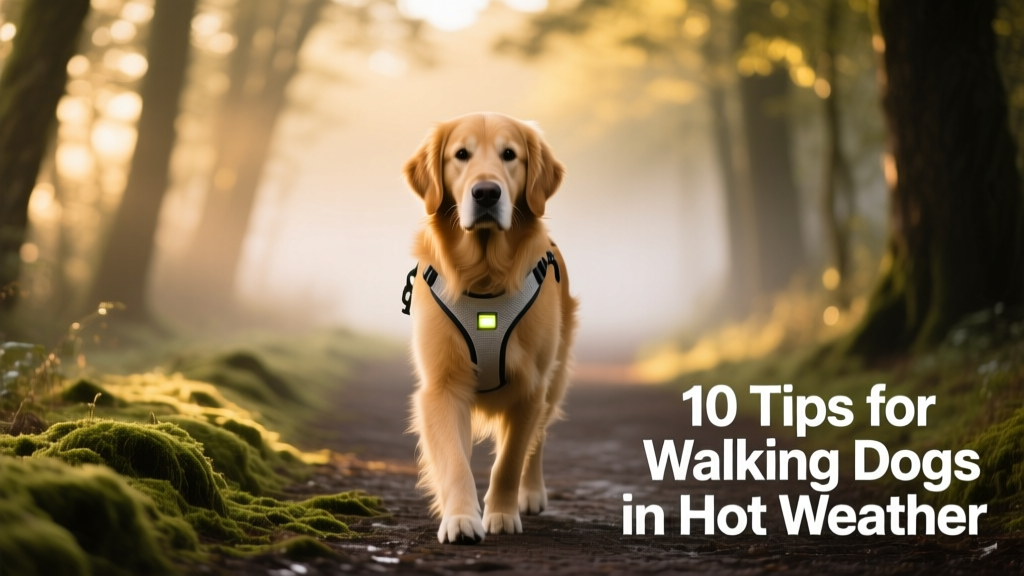 A golden retriever walking calmly on a shaded tree-lined path during early morning light