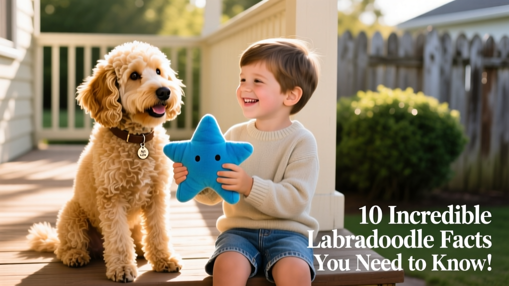 A smiling Labradoodle sitting beside a child, both sharing a blue toy