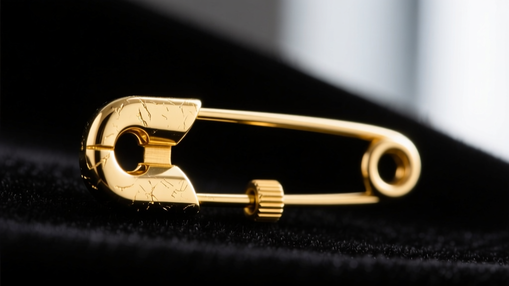 Macro shot of a gold plated safety pin earring clasp showing the metal texture and secure friction post backing on dark velvet