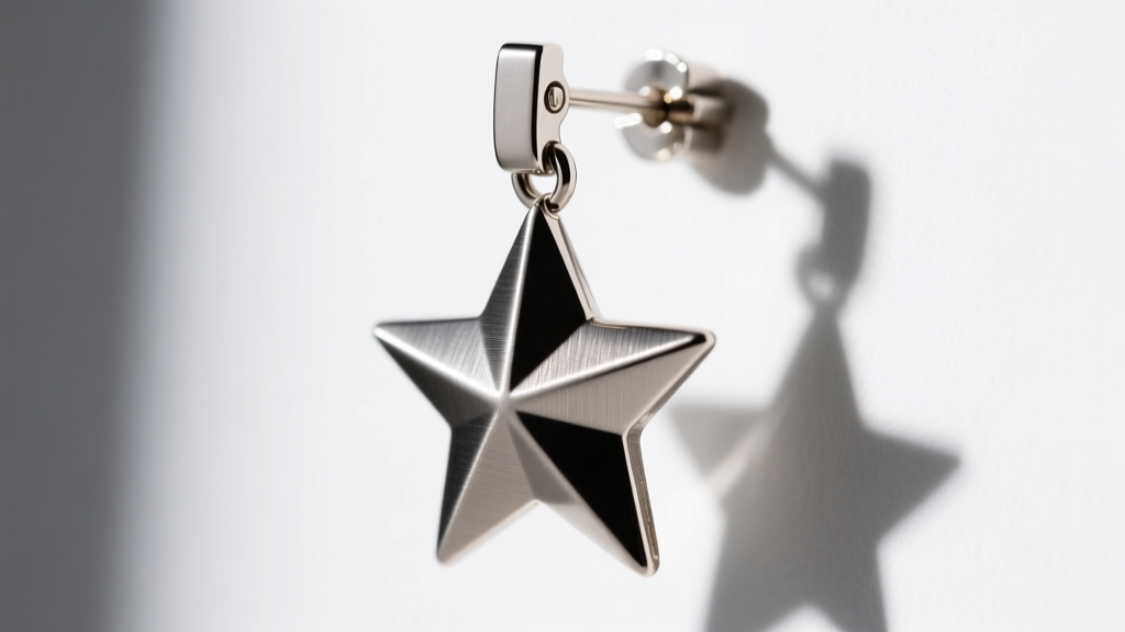 Close-up of a titanium leverback star earrings dangle hinge, showing the secure closure mechanism and polished metal finish.