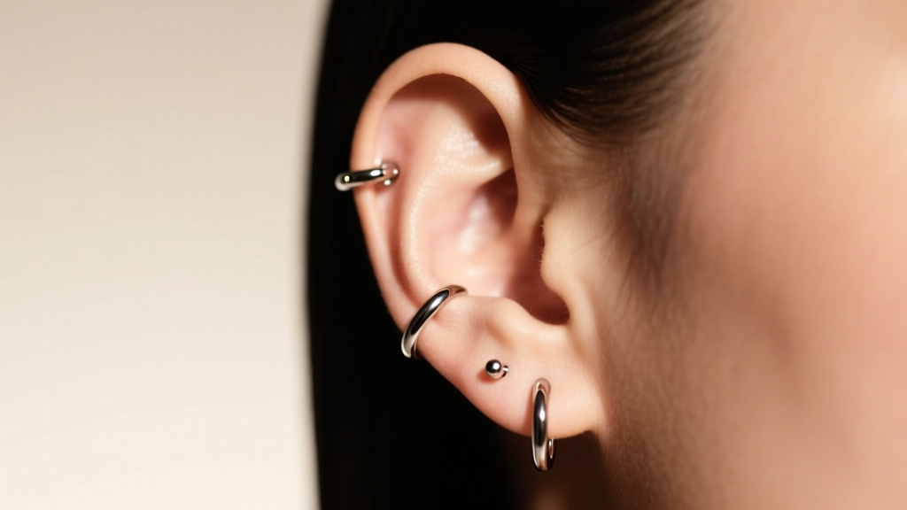 Right ear showcasing lobe, helix, and tragus piercings wearing polished titanium jewelry under soft, warm studio lighting
