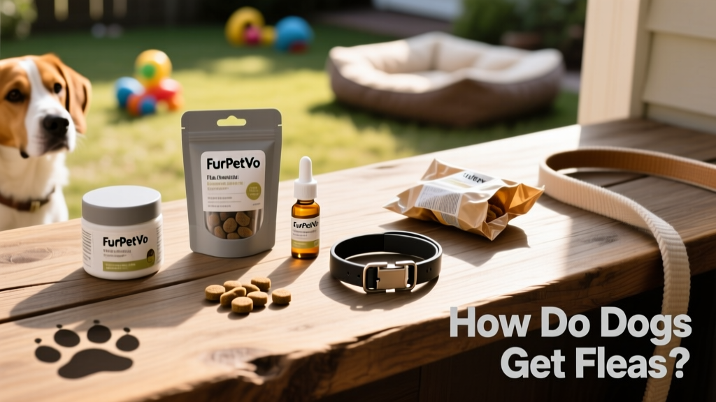 Assortment of FurPetVo flea prevention products: chewables, topical vials, and a collar laid neatly on a wooden surface