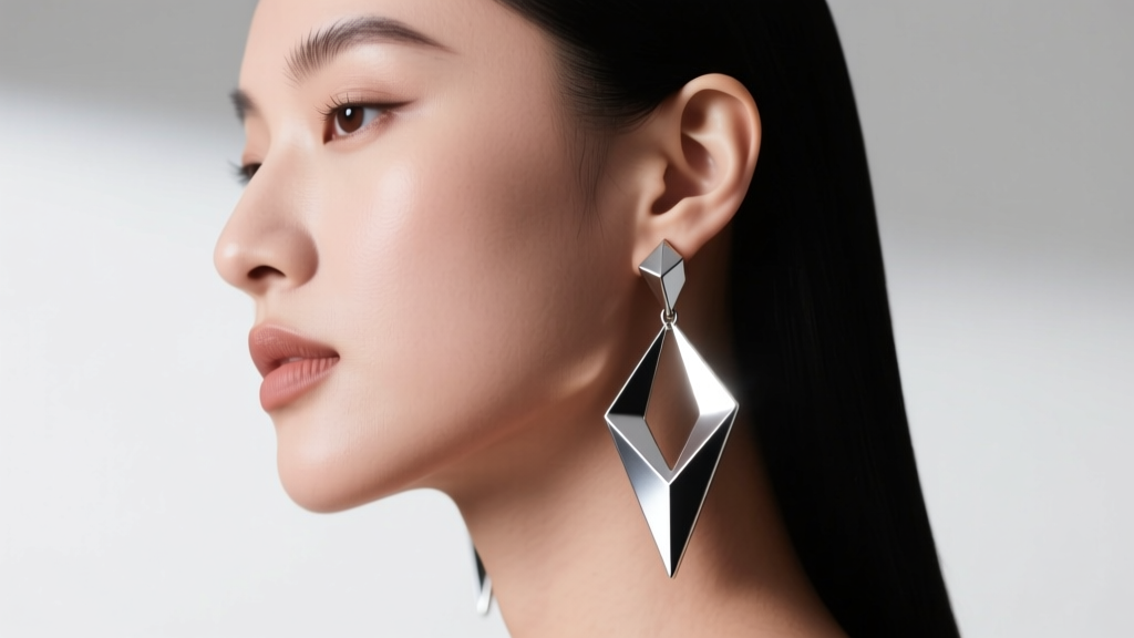 Side profile of a woman with a round face wearing lightweight geometric Saiyan-inspired dangle earrings that elongate the jawline
