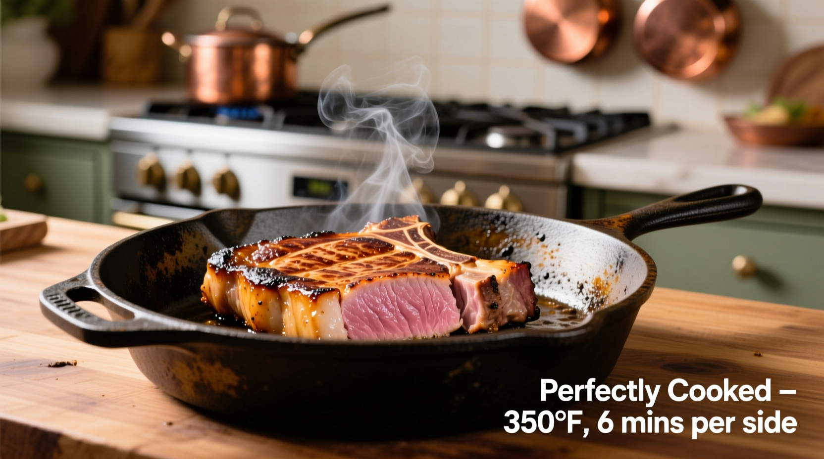 Perfectly cooked pork steaks on oven-safe skillet