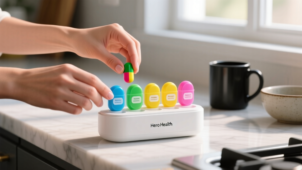 Close-up of hands loading colorful daily pill pods into the white Hero Health smart medication dispenser on a kitchen counter