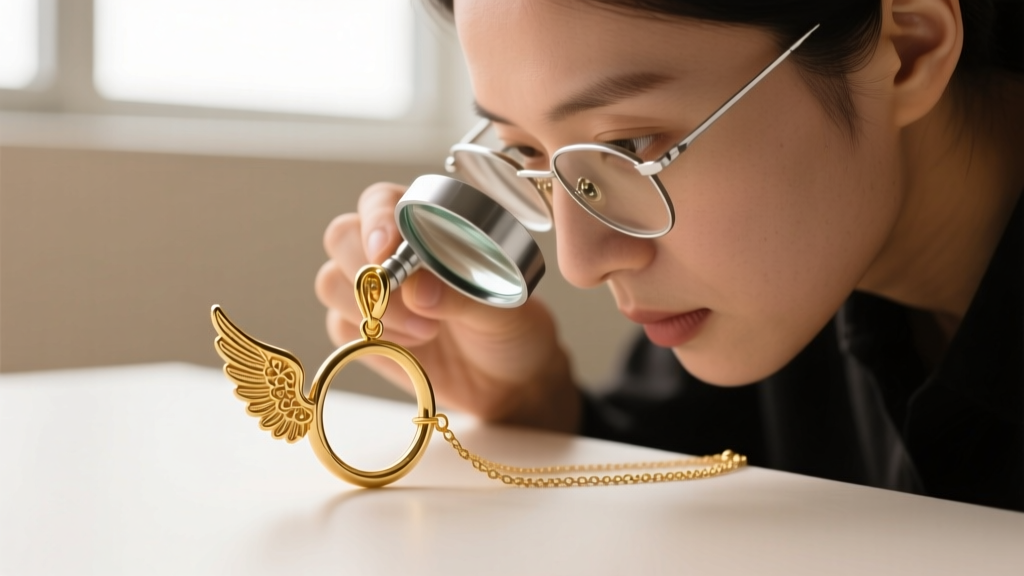 Jeweler using a loupe to inspect a 16-gauge soldered gold jump ring connecting an angel wing pendant bail to a delicate chain.