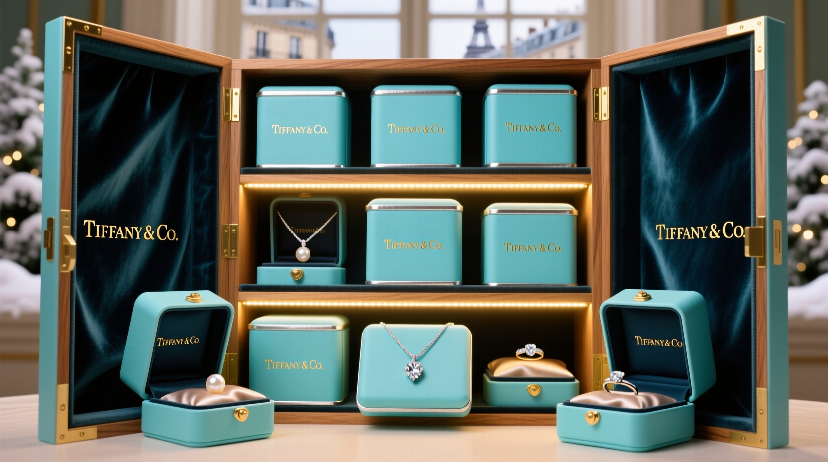 the interior of the 2021 tiffany co advent calendar with blue boxes featuring custom numbered hangtags