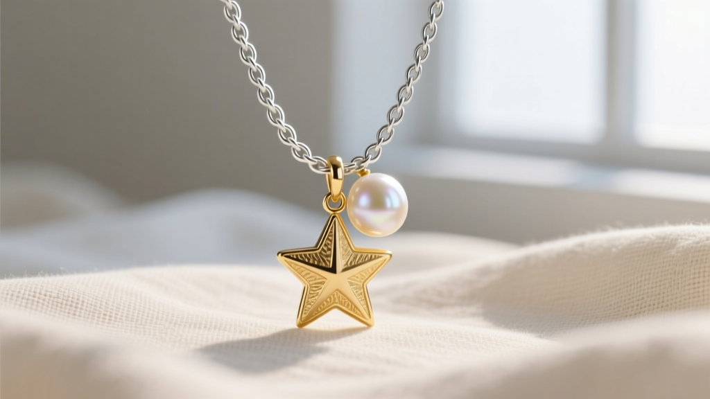 Close-up of a 1.5mm sterling silver cable chain with a gold vermeil star charm and freshwater pearl on cream linen