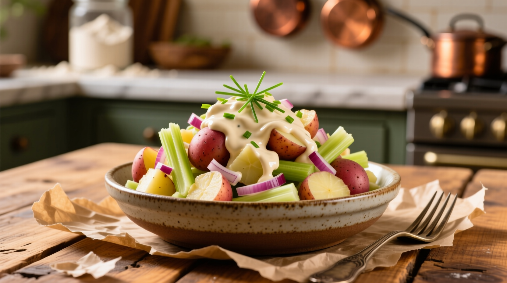 Creamy redskin potato salad in serving bowl