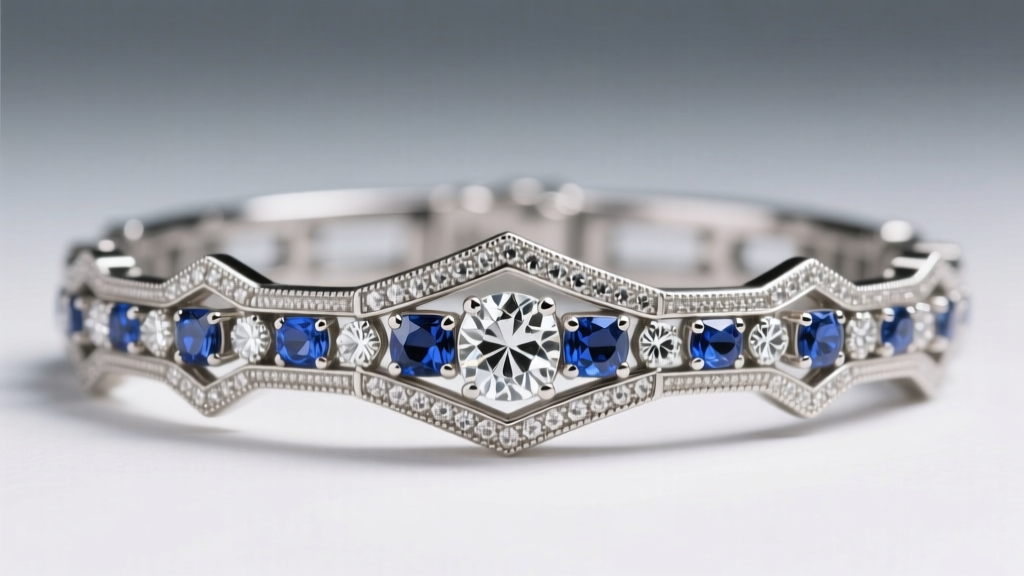 Macro photo of an authentic 1920s Art Deco platinum diamond bracelet featuring sharp geometric milgrain and calibré sapphires