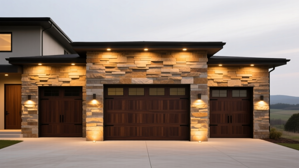 Exterior of a modern three-car garage featuring a stacked limestone veneer facade with warm LED uplighting and dark wood carriage doors