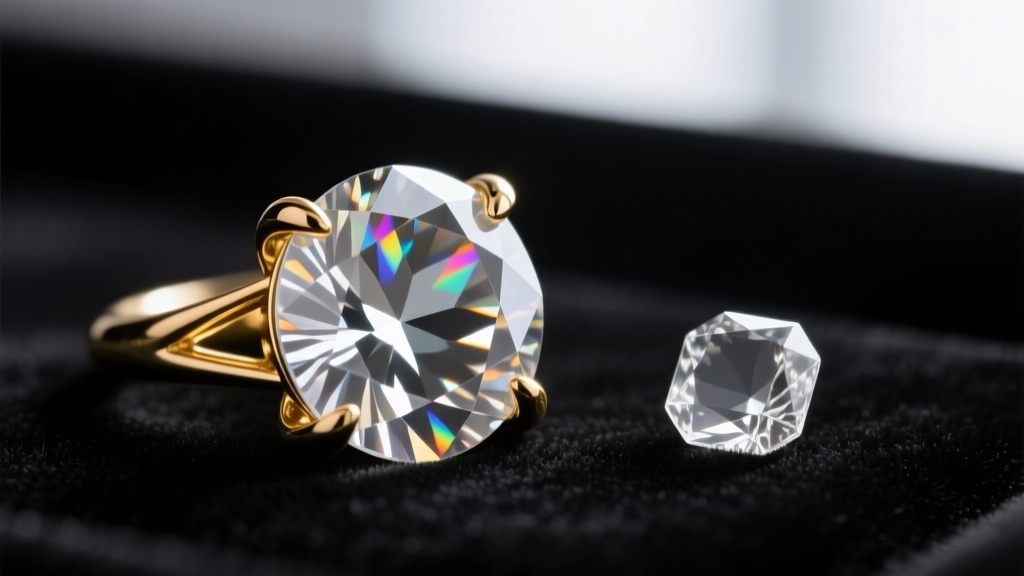 Macro shot of VVS moissanite stone set in 14k gold prongs, contrasting with dull cubic zirconia stone beside it on black velvet