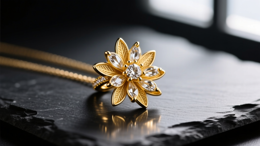 Macro shot of a 14k gold cast edelweiss pendant with detailed petal textures, resting on a dark slate surface in natural daylight.