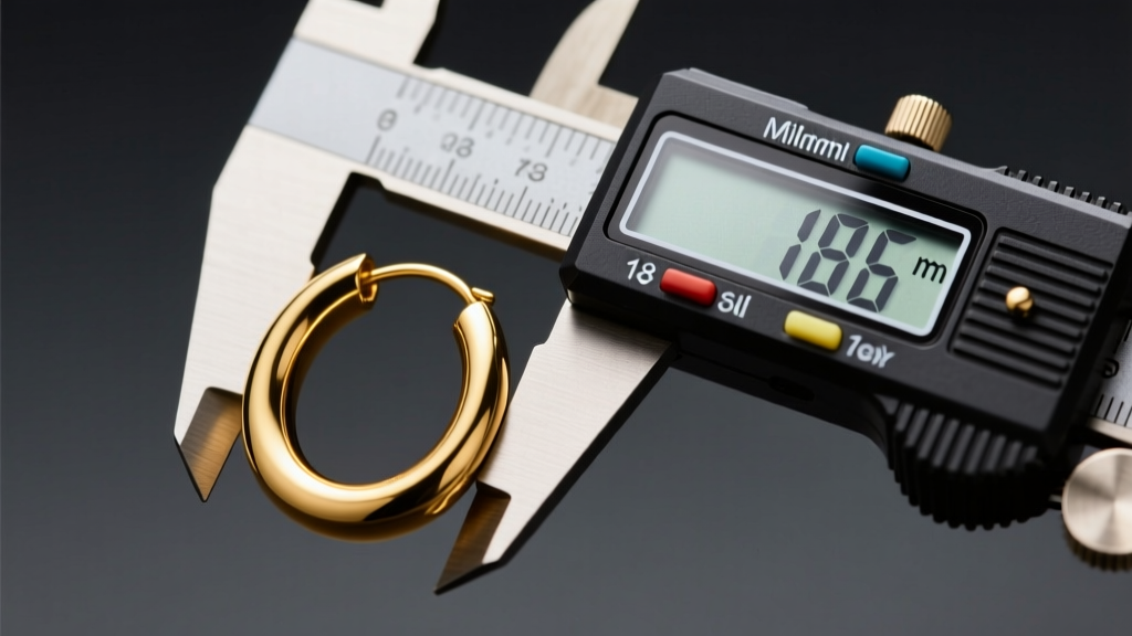Close-up of digital calipers measuring the wire thickness of an 18-gauge solid gold hoop earring against a dark slate background.