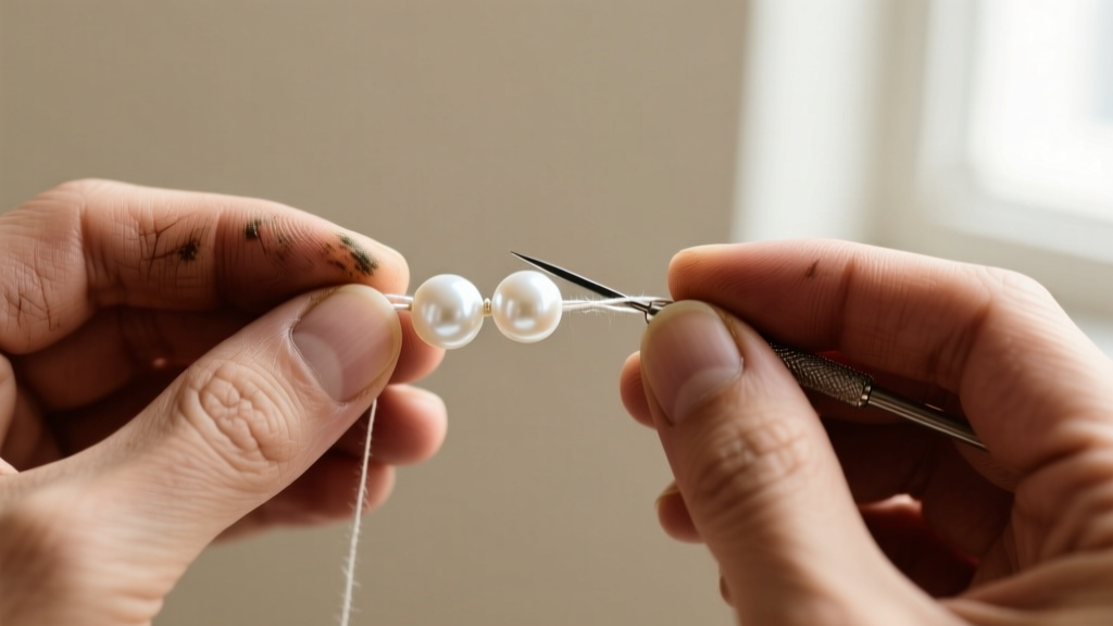 Jeweler hands tying a microscopic French knot between two white pearls using size F silk thread and a specialized beading awl