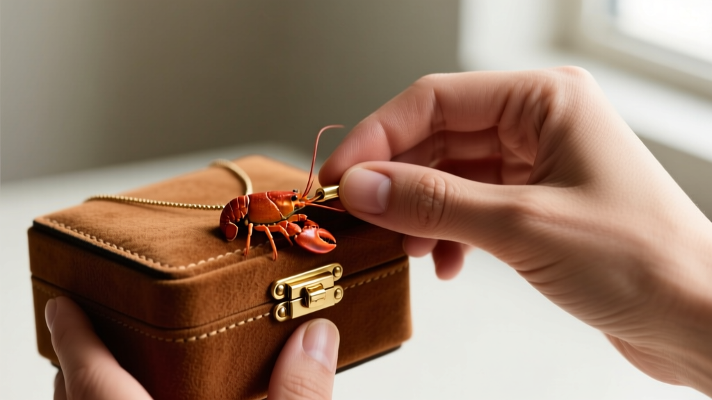 Hands securing a lobster clasp into the brass snap-tab of a suede necklace box holder, lit by soft natural window light.