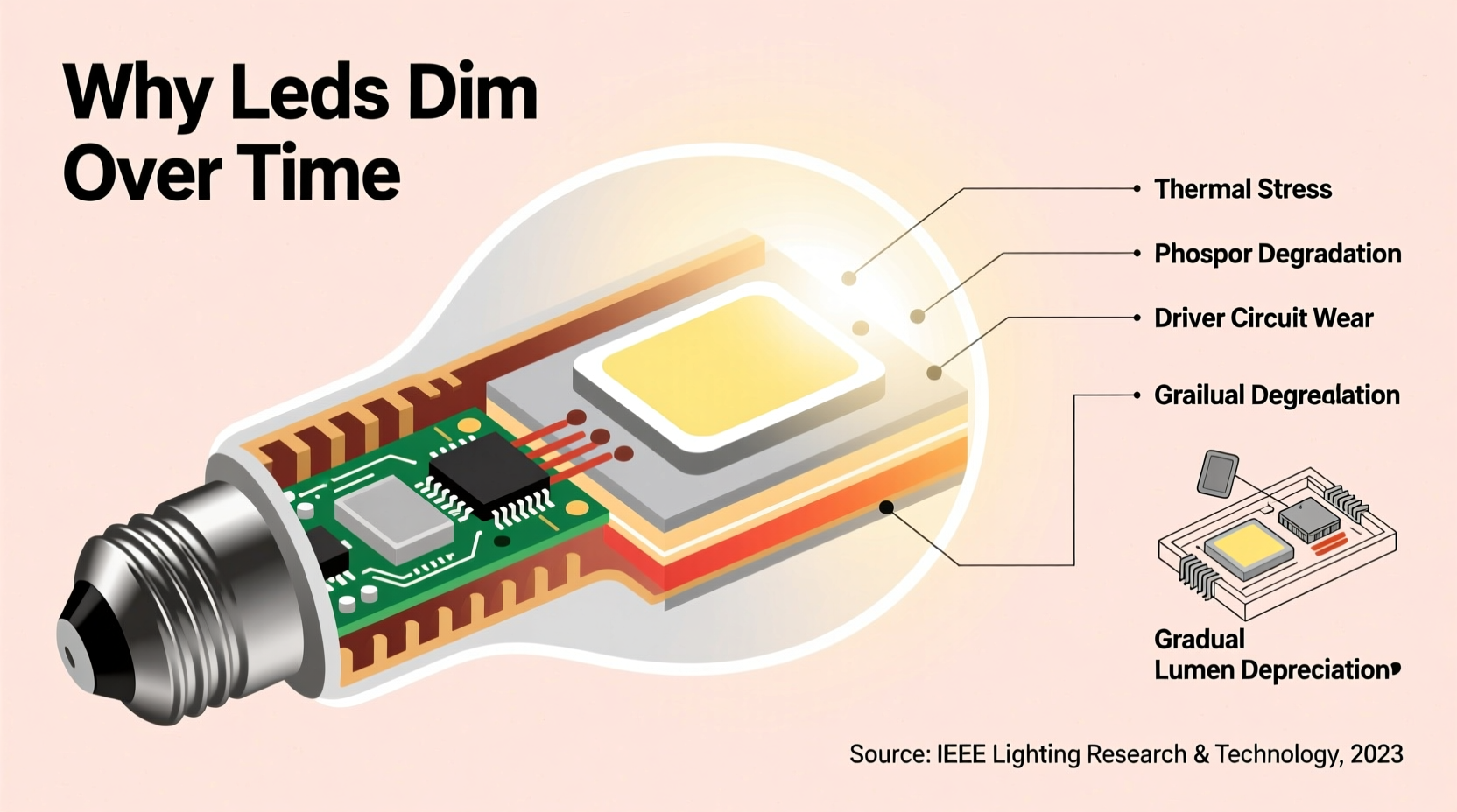why do some led lights dim gradually over the season instead of failing suddenly