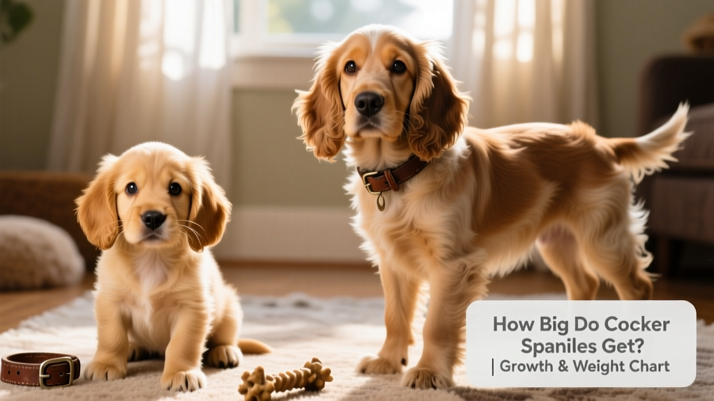 Side-by-side comparison of a Cocker Spaniel puppy at 3 months and the same dog at 12 months, illustrating proportional growth and coat development