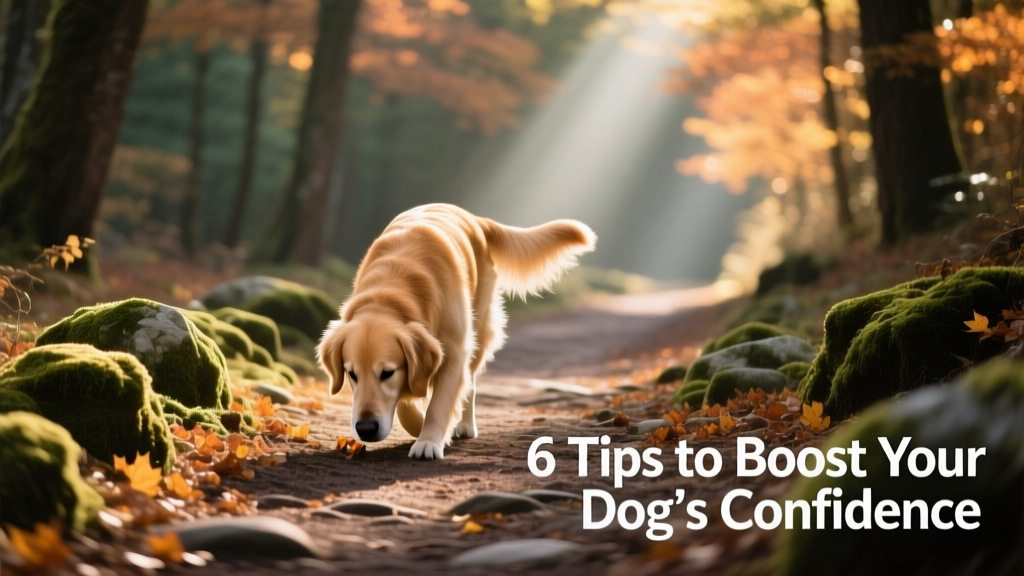 Dog confidently walking on a forest trail, nose down, tail relaxed, exploring scents along the path