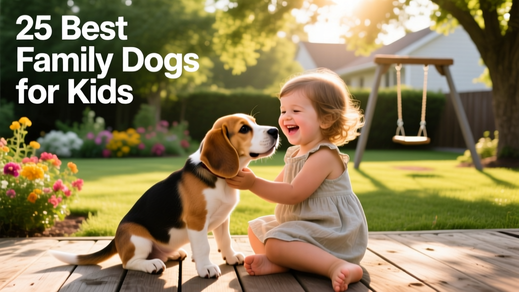 A cheerful Beagle puppy playing gently with a young child in a sunlit backyard