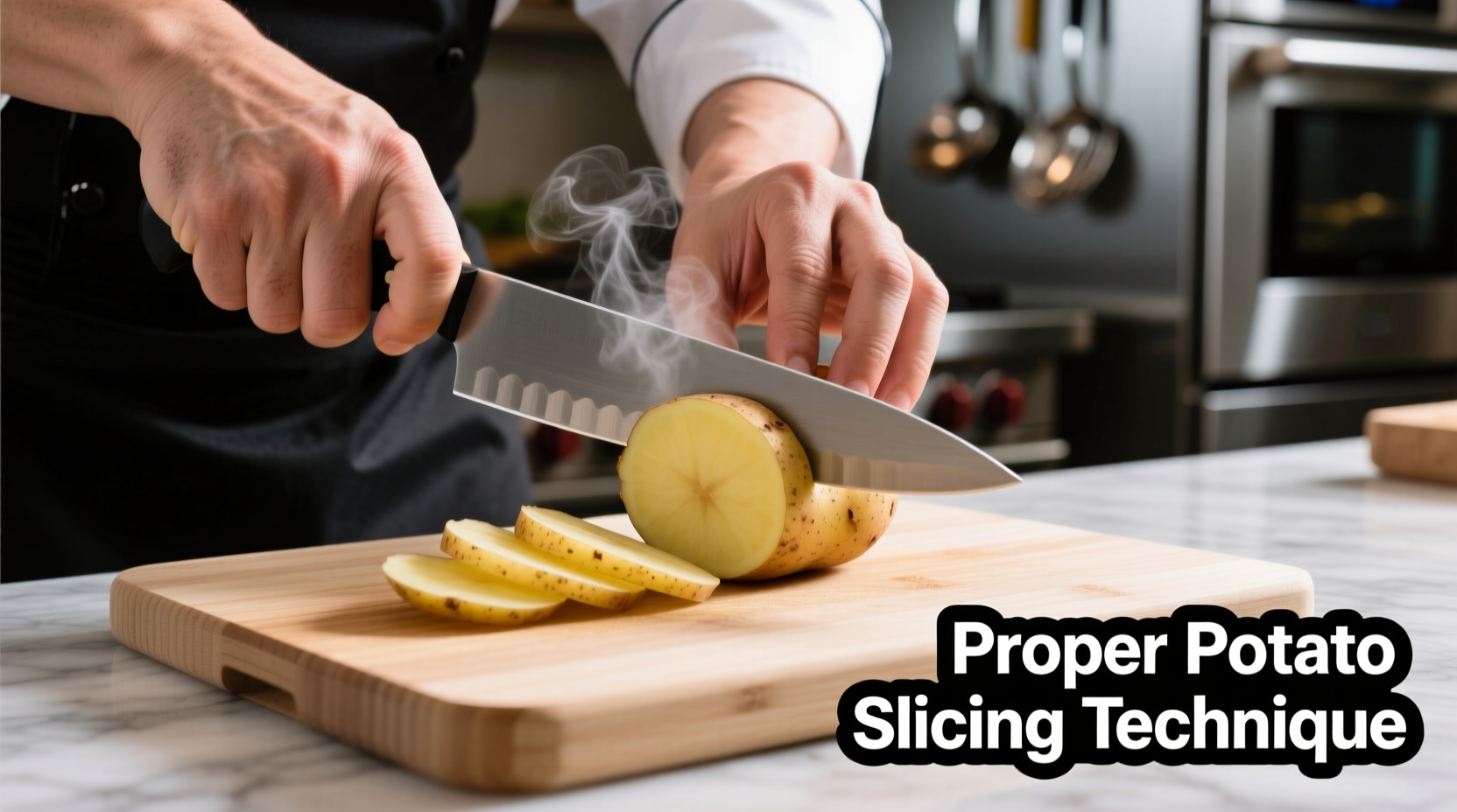 Chef's hands demonstrating proper potato cutting technique