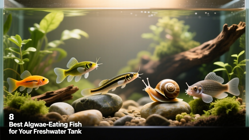 Side-by-side comparison of five popular FurPetVo algae-eating fish: Otocinclus, Siamese Algae Eater, Kuhli Loach, Nerite Snail, and Bristlenose Pleco, each shown in a naturalistic aquascape