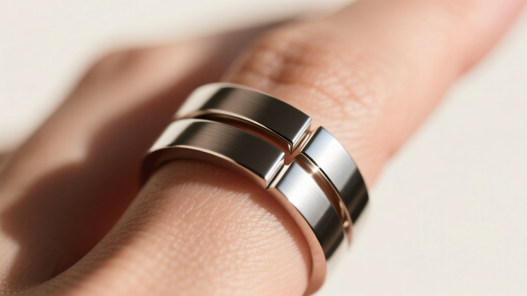 Macro photograph of a polished titanium double-band illusion ring on an index finger, highlighting the 2mm negative space gap.
