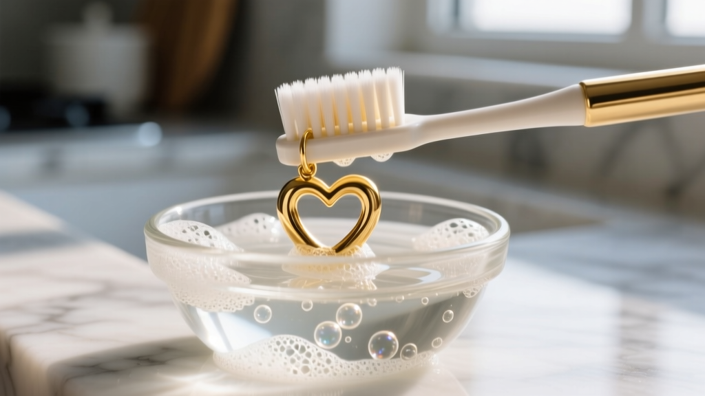 Close-up of a soft toothbrush gently scrubbing the cleft of a gold heart earring submerged in a small glass bowl of soapy water.