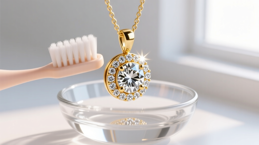 Close-up of a soft baby toothbrush gently scrubbing a pavé diamond setting on an 18k gold pendant in a small glass bowl.