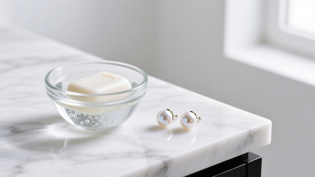 Small glass bowl with pH-neutral soap and distilled water next to freshwater pearl drop earrings on a white marble countertop.