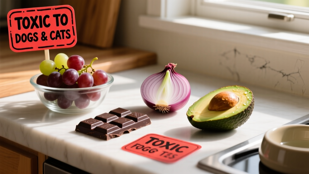Close-up of common toxic foods arranged on a pet-safe kitchen counter: grapes, chocolate bar, onion, and avocado slice with warning labels