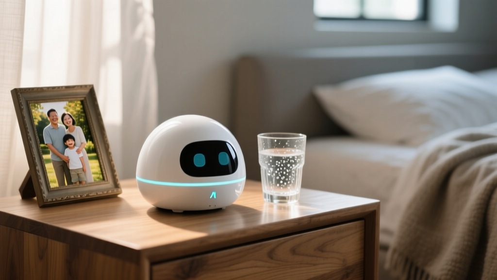 Small white dome-shaped AI companion robot sitting on a wooden nightstand next to a framed family photo and a glass of water