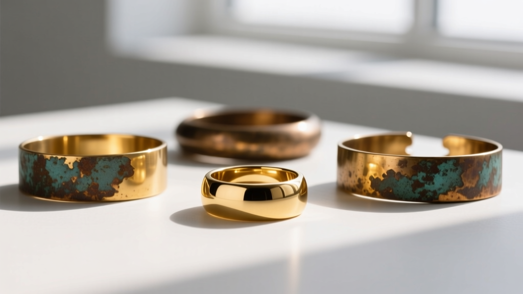 Macro photography comparing the warm yellow tone of polished brass against the dark, mottled patina of aged bronze jewelry.