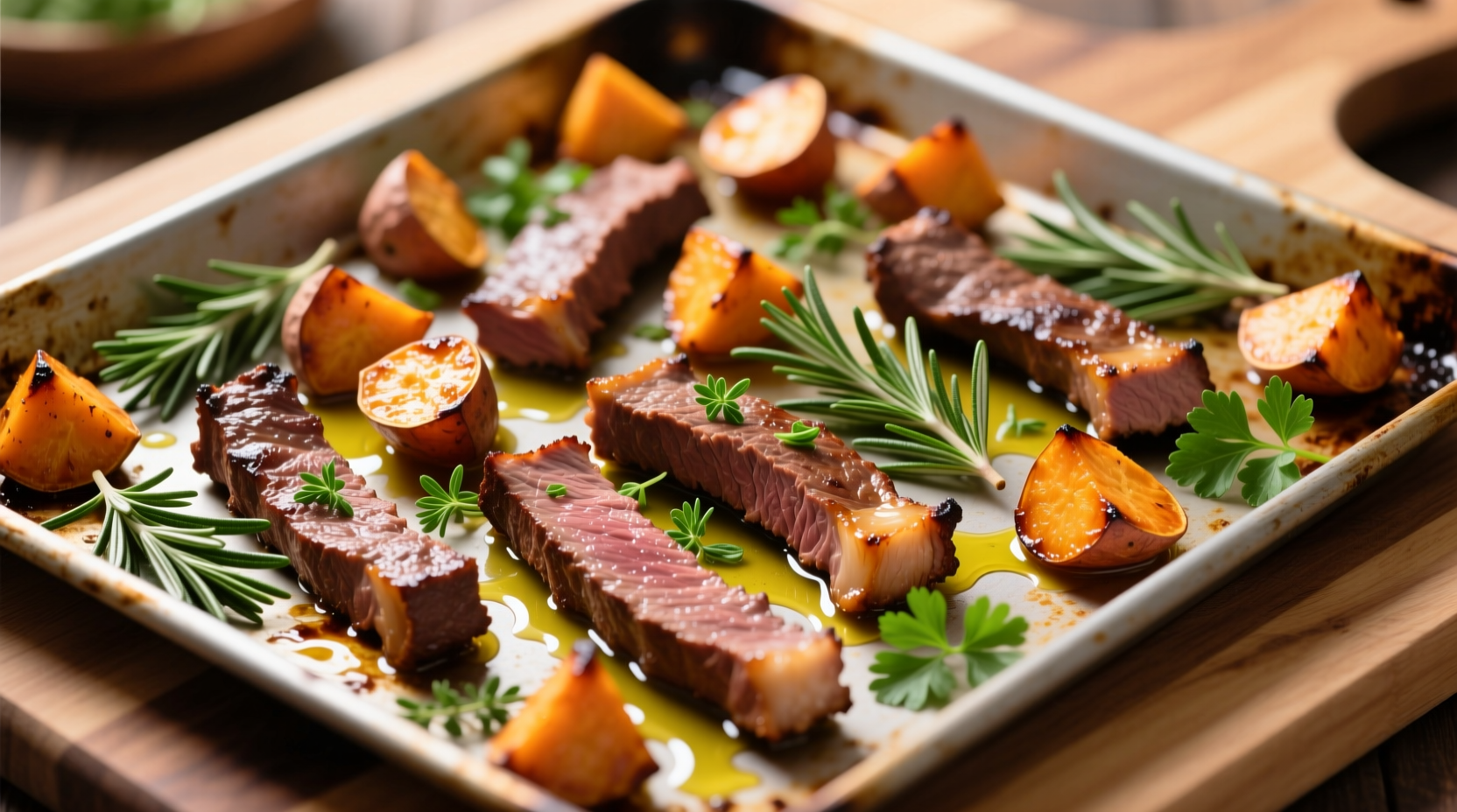 Beef and sweet potato sheet pan dinner with herbs