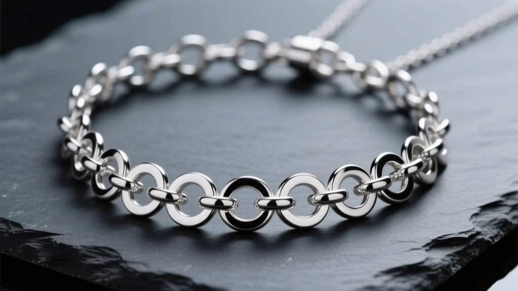 Close-up of a sterling silver charm connector necklace with multiple interlocking loops, laid flat on dark slate, studio lighting.