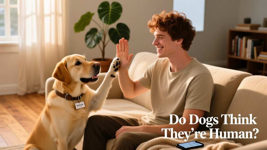 young man and labrador dog sitting in the sofa doing high five