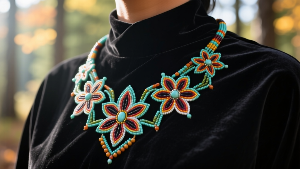 Woodland Ojibwe Native American Indian beaded necklace showing asymmetrical floral motifs stitched onto dark velvet fabric.