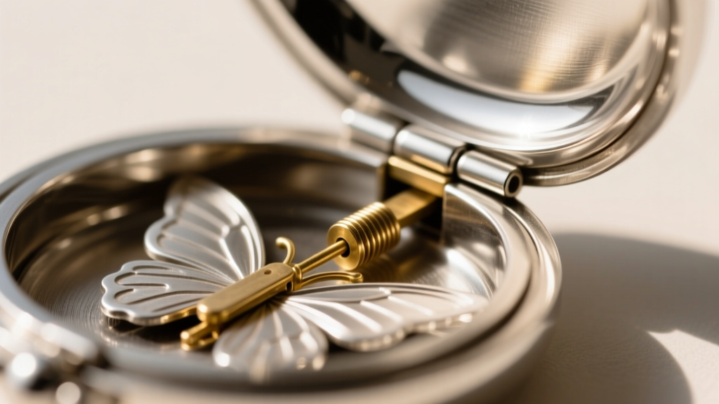 Extreme close-up of a continuous piano hinge on an open sterling silver butterfly locket, showing the internal brass tension pin.