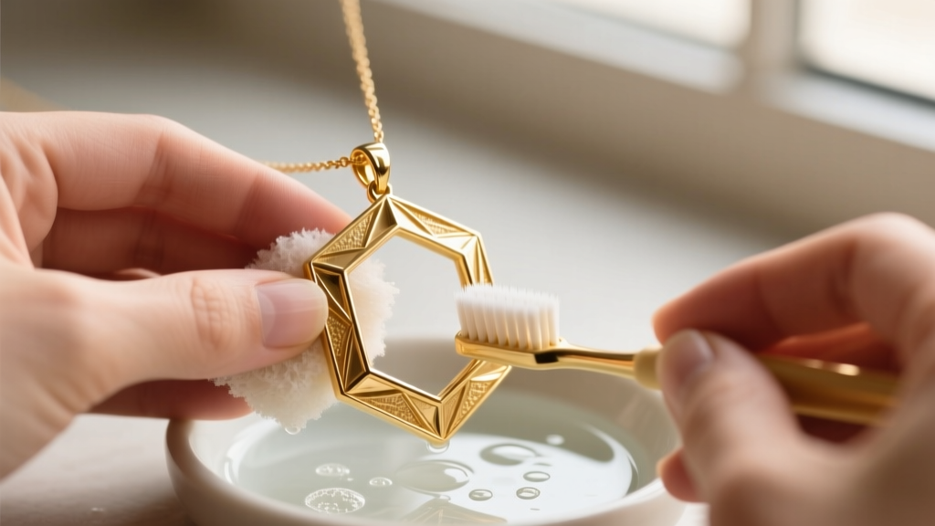 Hands gently scrubbing corners of a gold vermeil large square pendant necklace with a soft toothbrush and mild soapy water.