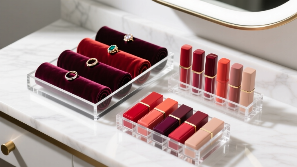 Top view of cast acrylic makeup and jewelry organizer on white marble vanity, showing velvet ring rolls and clear lipstick slots.